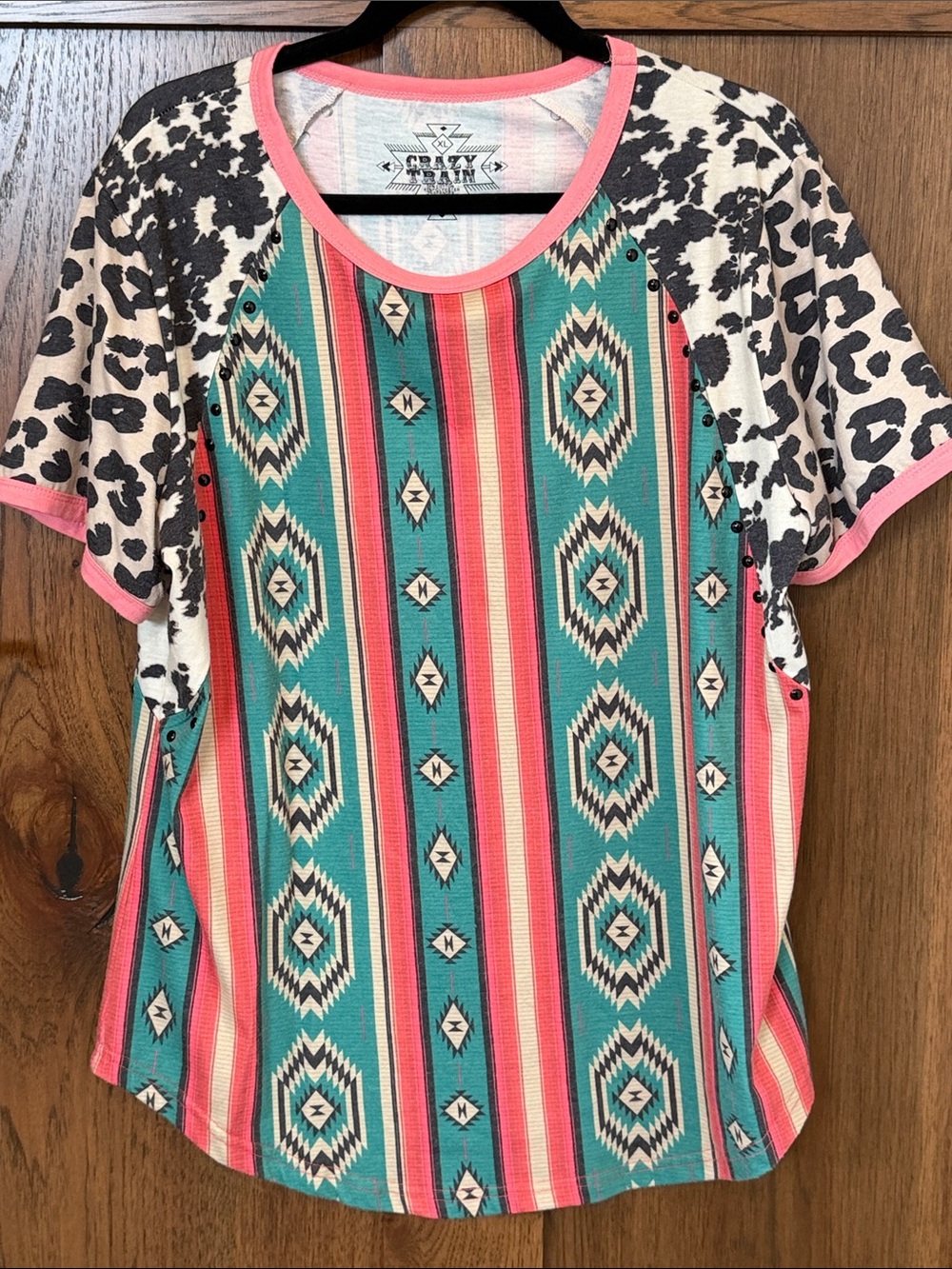 Crazy Train Teal & Pink Aztec Raglan Top with Leopard Sleeves